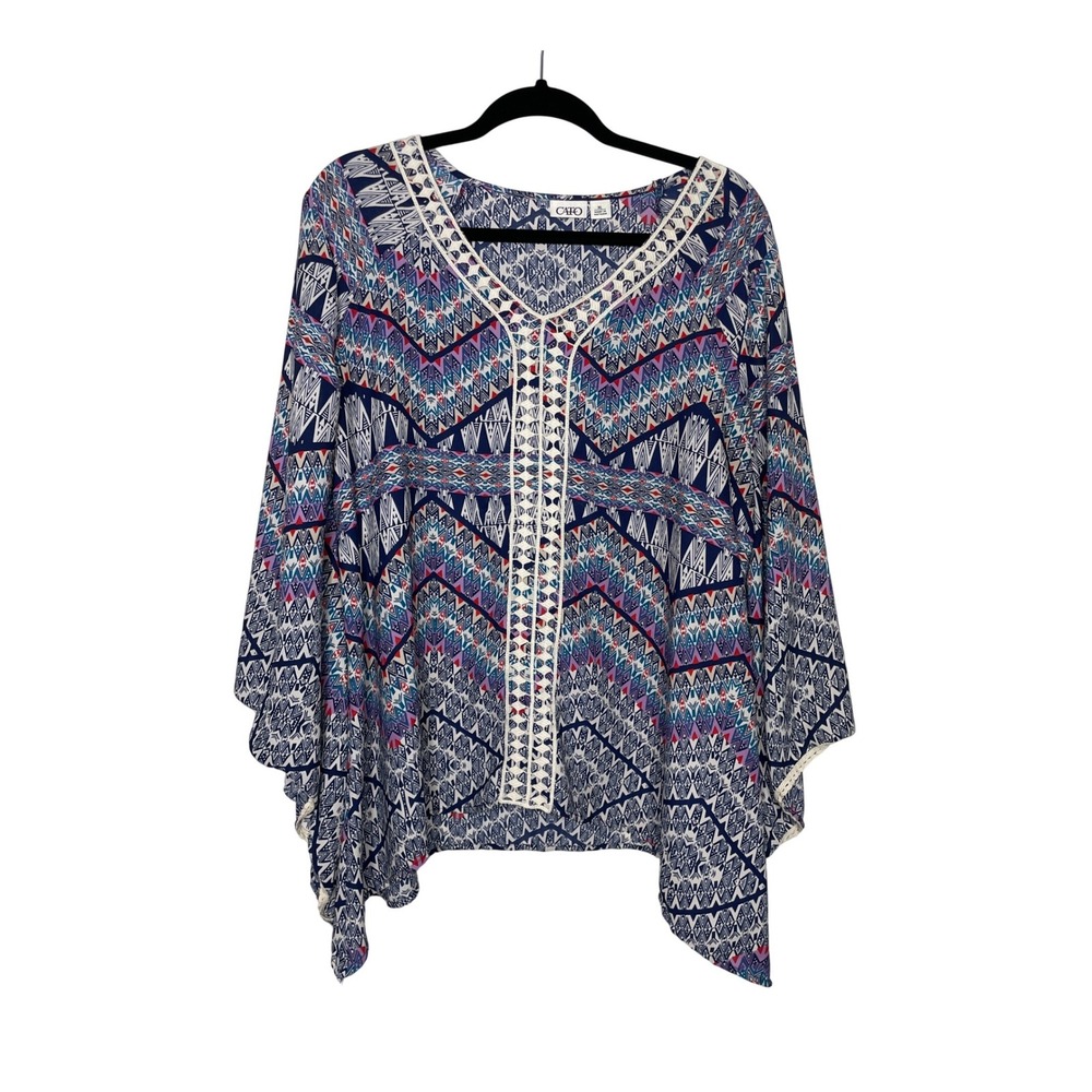 Cato Blouse Womens XL Blue Geometric Crochet Lace Trim Bell Sleeve Top